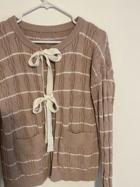 Striped Tie-Front Cable Knit Sweater